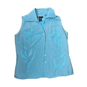 Carole Little Sleeveless Turquoise Blue Embroidered Silk Blouse Womens Small